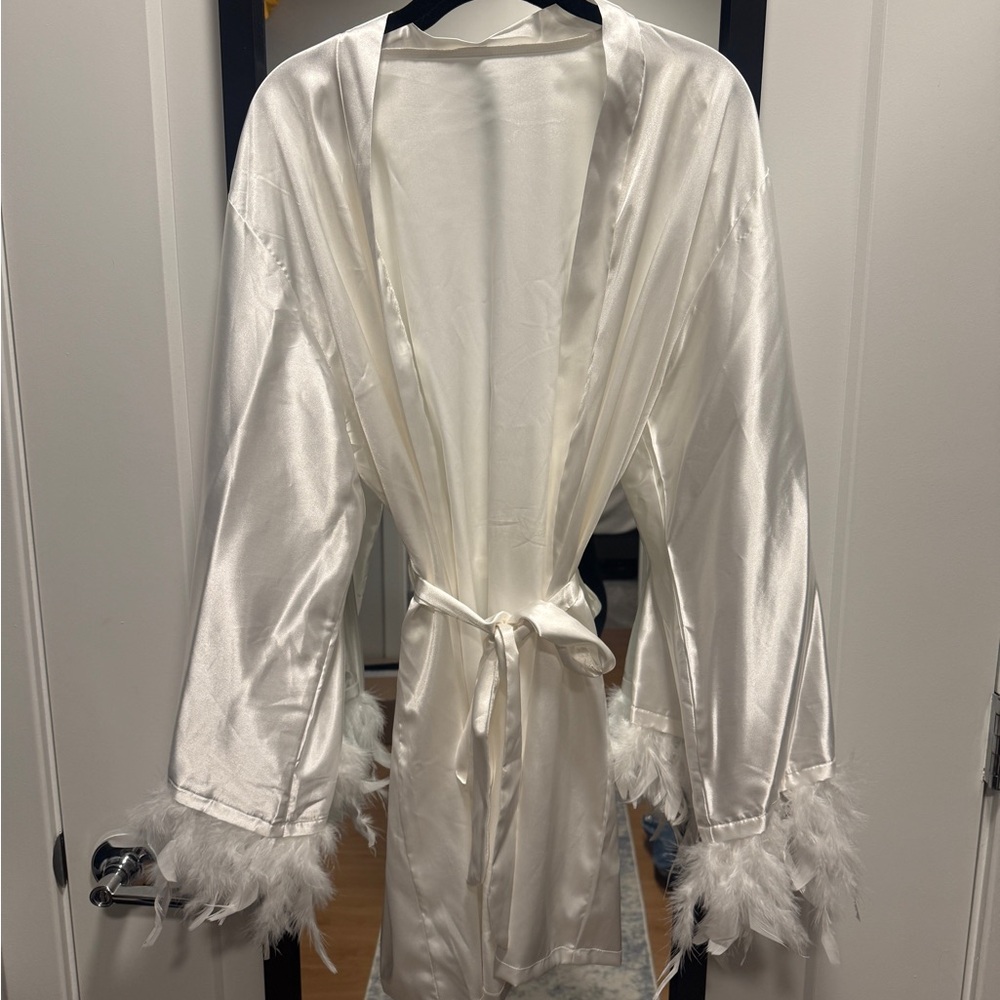 Luxurious Satin Robe with Feather Cuffs